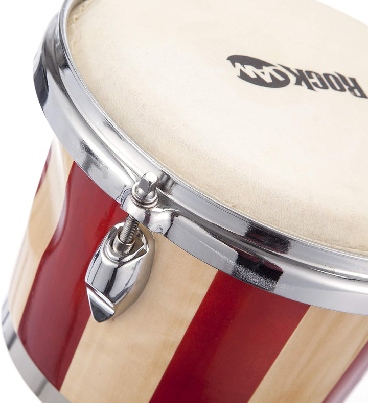 RockJam RJ-100301 7" and 8" Bongo Set with Padded Bag and Tuning Wrench Red and Natural Stripe Red S