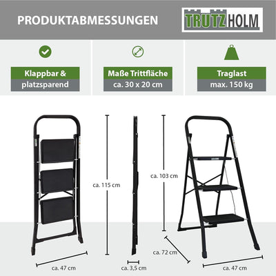 TRUTZHOLM Trittleiter 2 oder 3 Stufen klappbar TÜV/GS Zertifiziert 150 kg Klappleiter Anti-Rutsch Tr