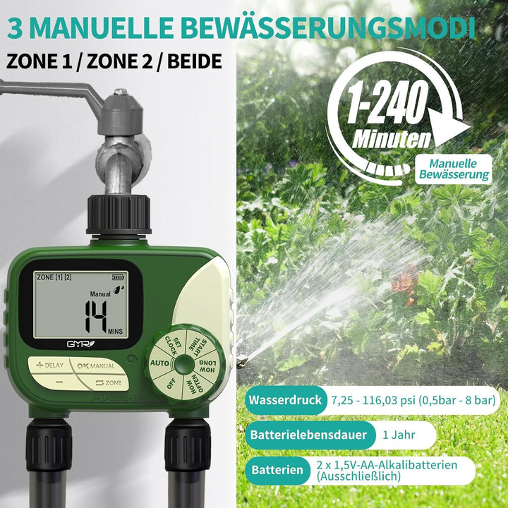Bewässerungscomputer 2 Ausgänge, Bewässerungsuhr mit Regenverzögerung/manueller/automatischer Funkti