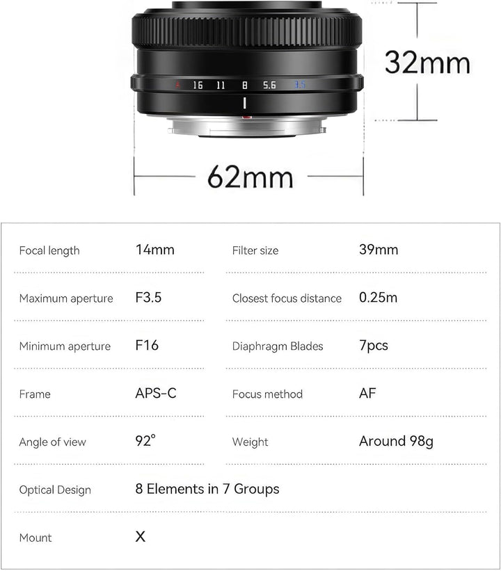 TTARTISAN AF 14mm F3.5 Weitwinkel Objektiv für Fuji, APS-C Autofocus Wide-Angle Pancake Lens X Mount