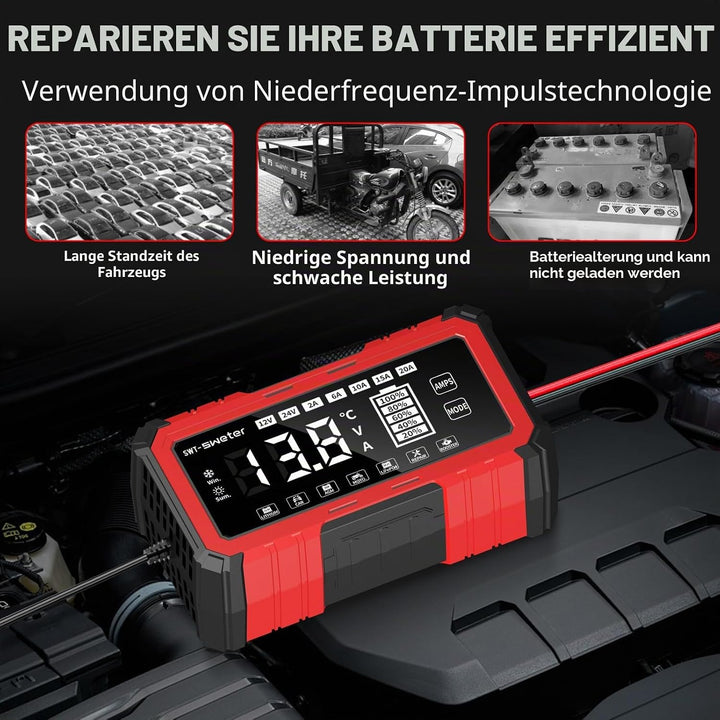 20A Car Battery Charger, 12V/24V Lifepo4 Lead Acid Battery Charger, Upgraded Automobile Smart Trickl