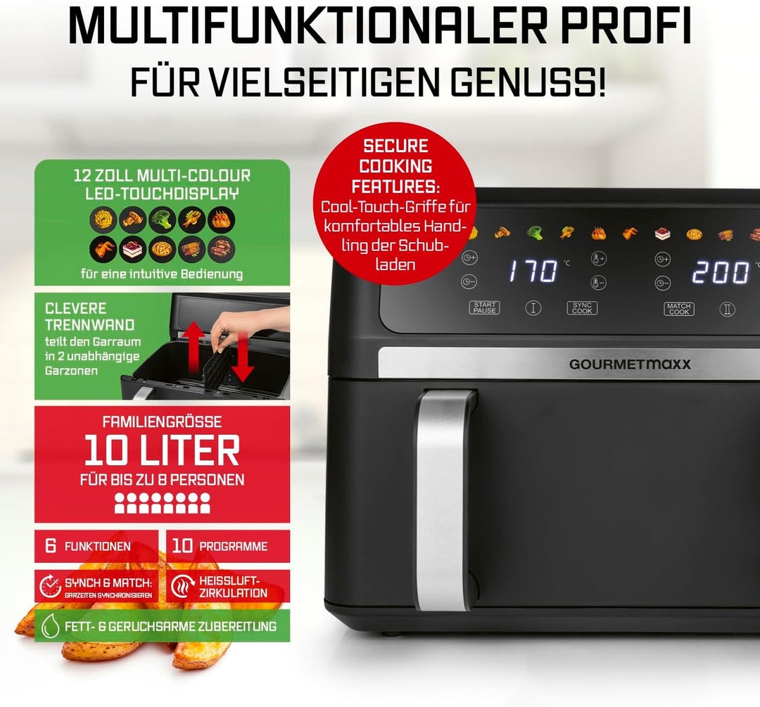 GOURMETmaxx AirGenius Heissluftfritteuse, 10 L - 2 x 5 L Airfryer Vario-Kammer | Fritteuse mit 10 Pr
