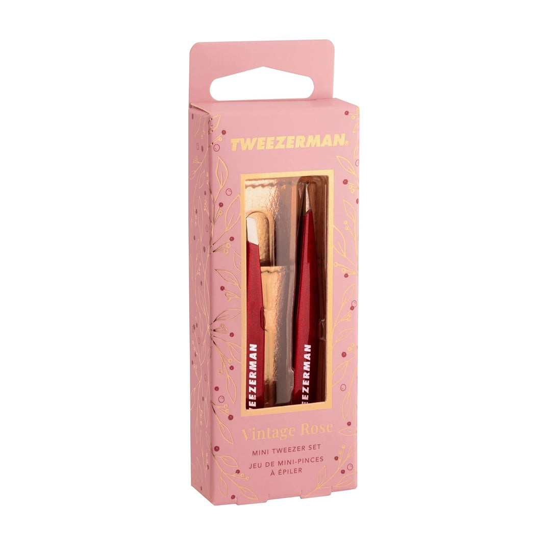 TWEEZERMAN Mini-Pinzetten-Set (Augenbrauen-Pinzetten für präzises zupfen mit Lederhülle), Vintage Ro