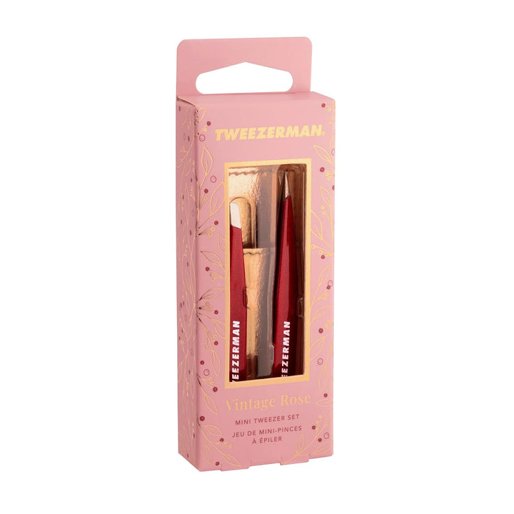 TWEEZERMAN Mini-Pinzetten-Set (Augenbrauen-Pinzetten für präzises zupfen mit Lederhülle), Vintage Ro