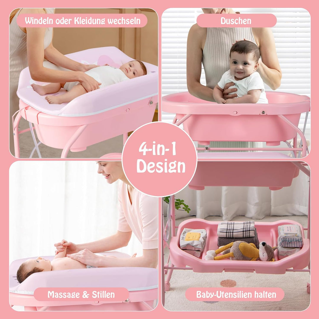 DREAMADE 2 in 1 Wickeltisch & Badewanne mit Gestell, Wickeltisch Klappbar, Wickelkommode auf Rollen