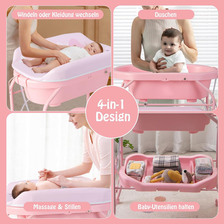 DREAMADE 2 in 1 Wickeltisch & Badewanne mit Gestell, Wickeltisch Klappbar, Wickelkommode auf Rollen