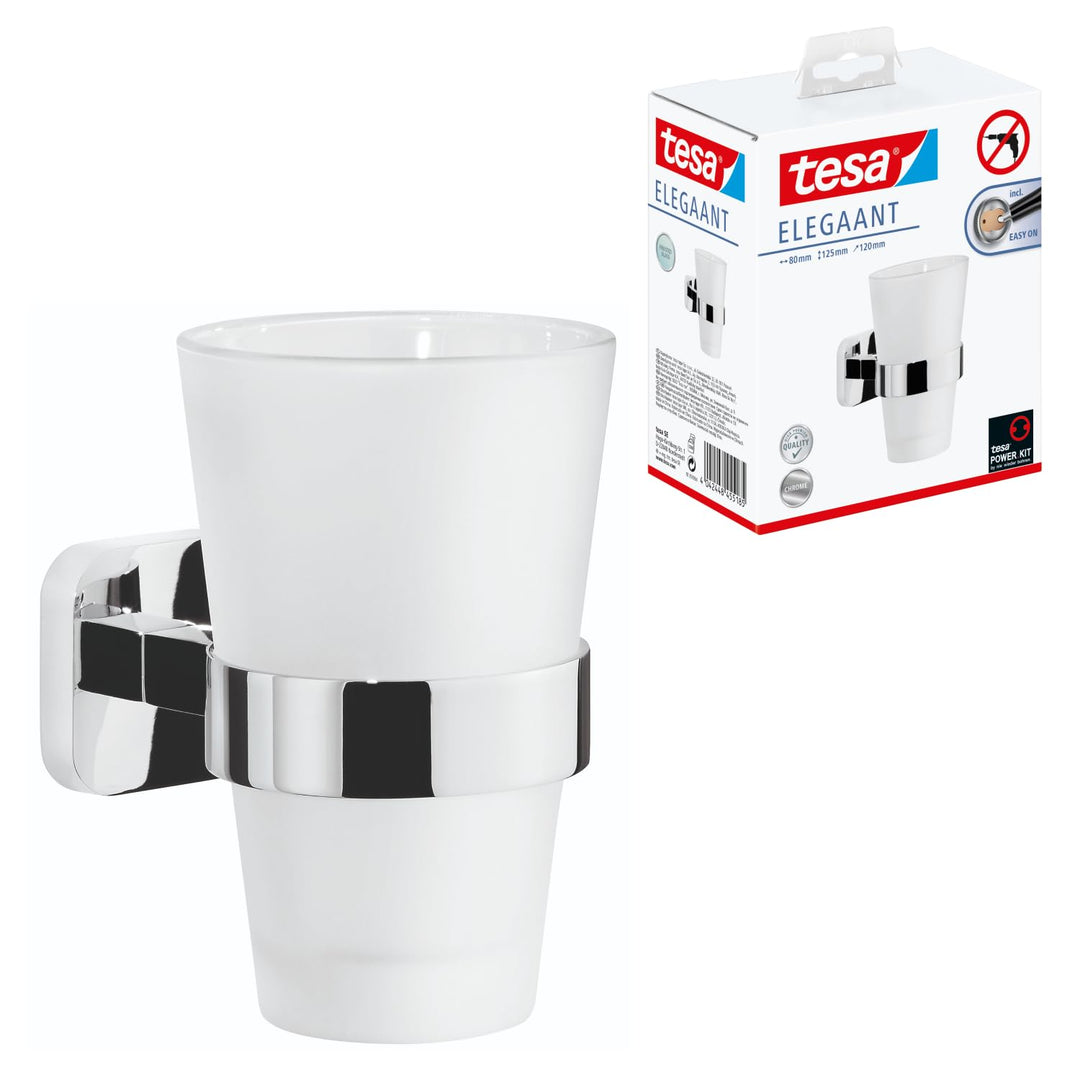 tesa ELEGAANT Zahnputzbecher mit Halterung - Becher aus Milchglas, verchromte Wandhalterung - zur Wa