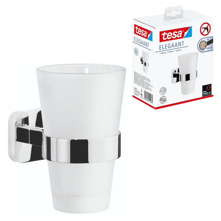 tesa ELEGAANT Zahnputzbecher mit Halterung - Becher aus Milchglas, verchromte Wandhalterung - zur Wa