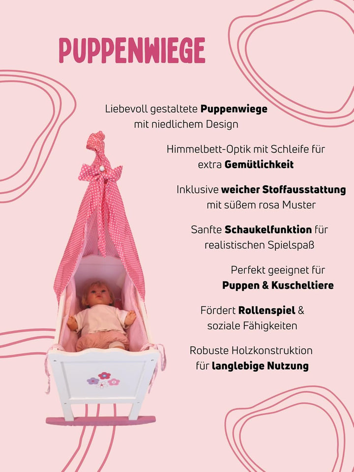 Bayer Chic 2000 - Puppenwiege, Wiege für Puppen, Puppenbett, Puppenmöbel, Puppenzubehör, Fiori, weis