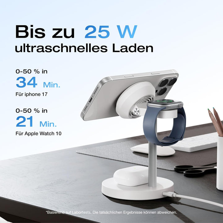 EcoFlow 3 in 1 Qi2 Magsafe Apple Ladestation mit Verstellbarer Ständer, Kabellose iPhone Ladestation
