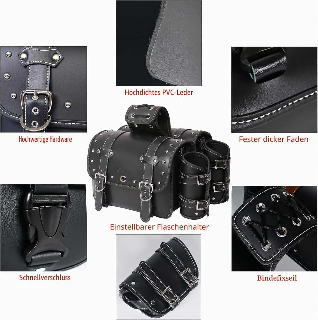 QJBOMTO Motorrad-Satteltaschen aus hochdichtem Leder,Gepäckträger-Seitentaschen mit Getränkehalter,