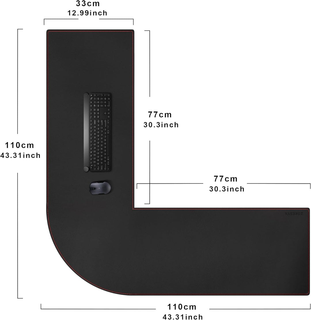 ZORESYN L förmiger Schreibtischunterlage 110cm (L) x110cm (L) x 33cm (B), Eck-Büro-schreibmatte PU L