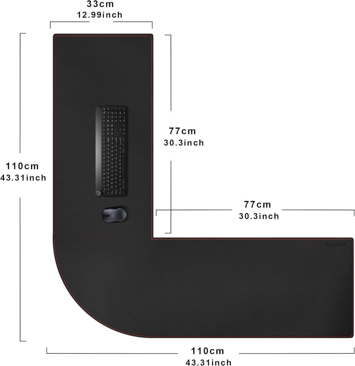 ZORESYN L förmiger Schreibtischunterlage 110cm (L) x110cm (L) x 33cm (B), Eck-Büro-schreibmatte PU L
