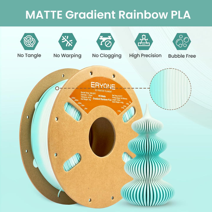 ERYONE Matte PLA 3D Drucker Filament 1.75mm, Matte Gradient Rainbow PLA, Massgenauigkeit +/- 0.03 mm