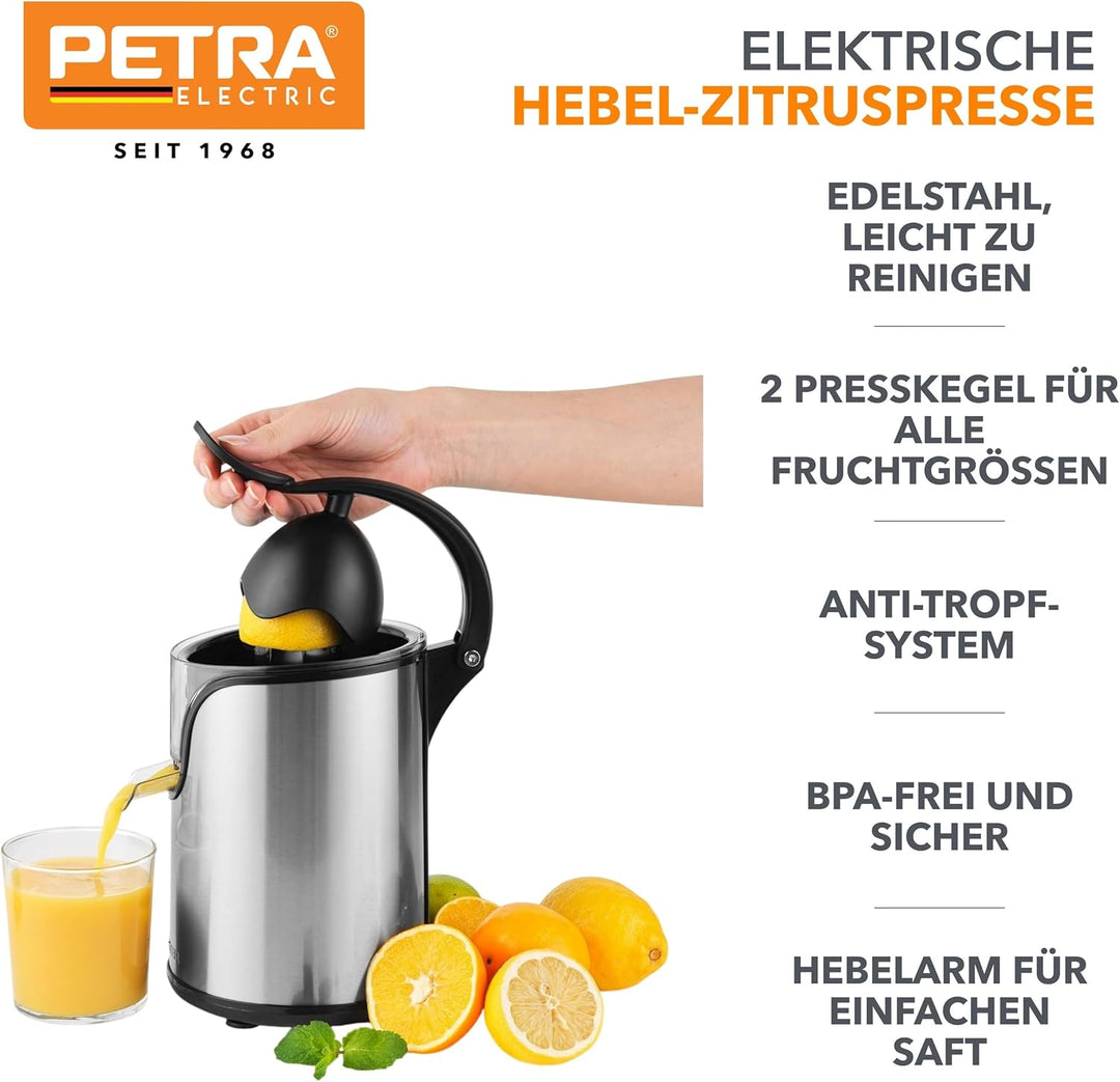 Petra PT5026VDEEU7 Elektrische Zitruspresse, Hebelarm, frische Fruchtsäfte, BPA-frei, tropffrei, Zit