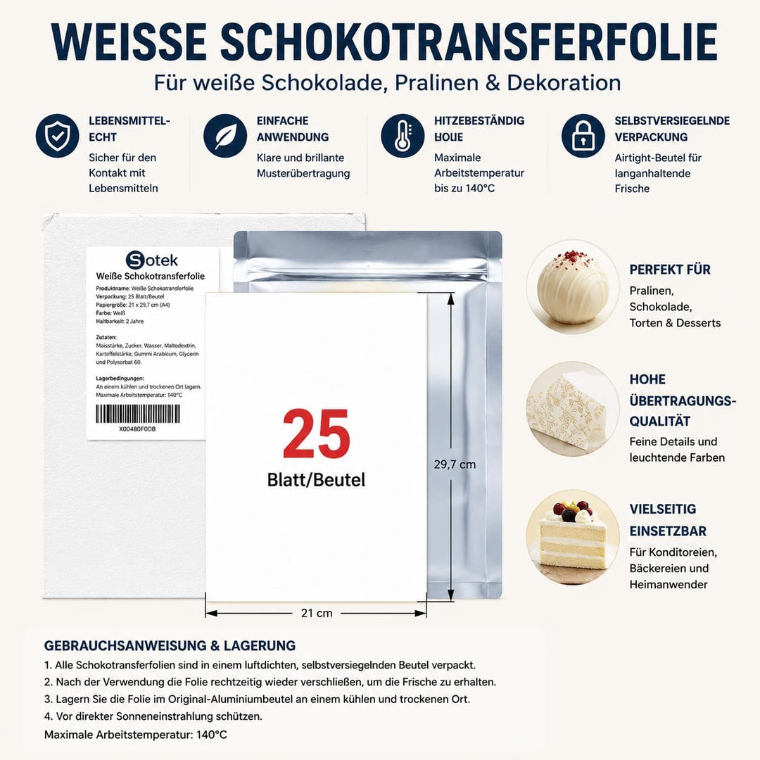 Sotek Essbare Schokoladen Transferfolie A4, 25 Blatt (21 x 29,7 cm), Transferpapier für weisse Schok