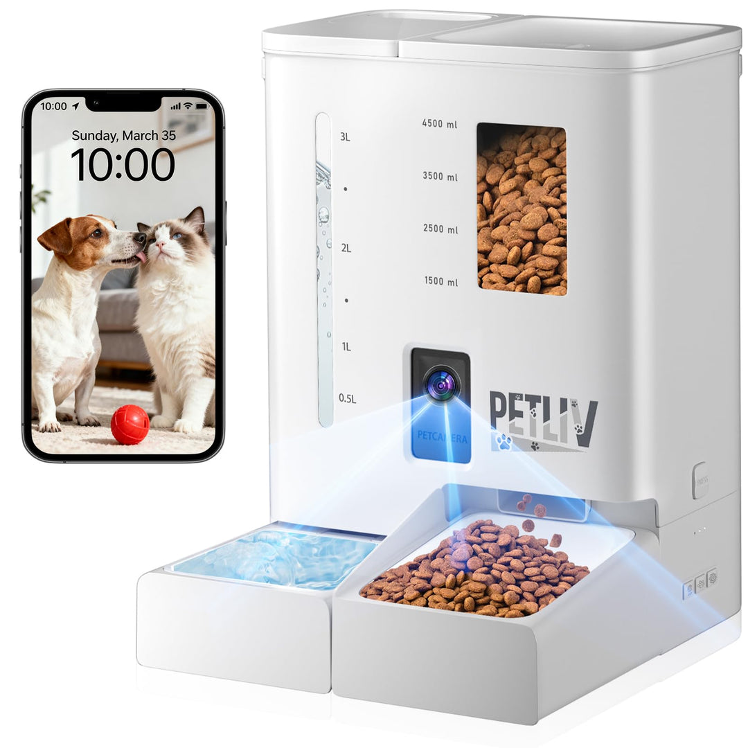Futterautomat Katze 2 Näpfe mit APP,2K-Kamera 5L Katzenfutter Automat mit 5G/2,4G WiFi,Zwei-Wege-Aud