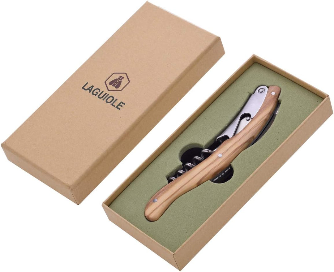 LAGUIOLE - Einfacher Hebel-Sommelier - Griff aus Olivenholz - Edelstahl matt gebürstet - Messer mit