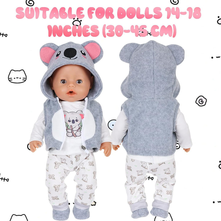 4 Stück Puppenkleidung für 14-18 Zoll Puppen, Tier Koala Kleidung Outfits 43cm mit Kapuzenweste Klei