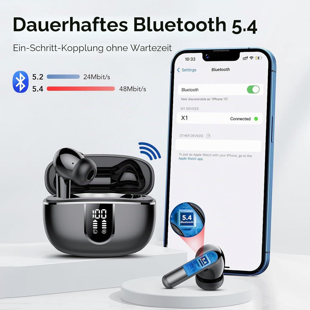 Bluetooth Kopfhörer, In Ear Kopfhörer Kabellos Bluetooth 5.4 Kabellose Kopfhörer mit 4 Mic, 2026 Kab