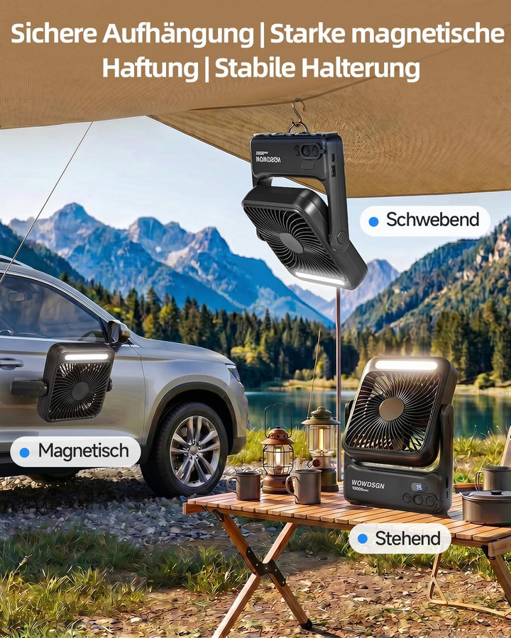 WOWDSGN 𝐌𝐚𝐠𝐧𝐞𝐭𝐢𝐬𝐜𝐡𝐞𝐫 Ventilator 𝟏𝟎𝟎𝟎𝟎𝐦𝐀𝐡 Akku, Tischventilator USB mit LED-Nachtlicht &amp; Haken, Power