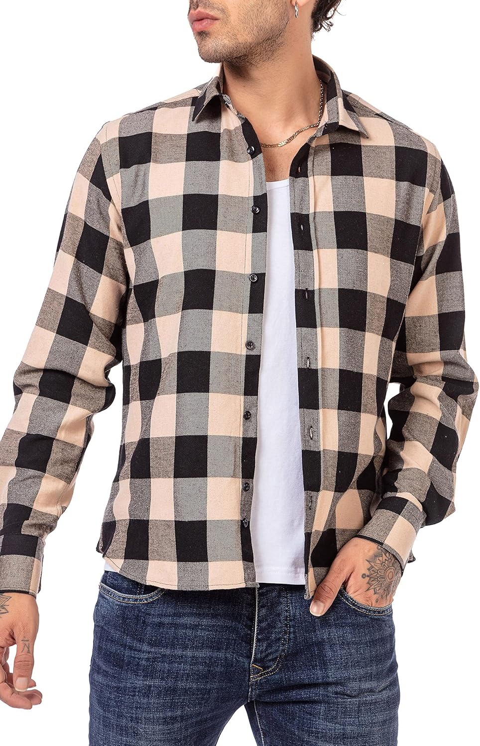Hemd für Herren Freizeithemd Holzfällerhemd Kariert Plaid Shirt Vintage S Beige, S Beige