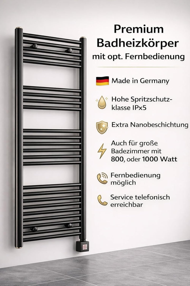 anapont elektrischer Badheizkörper 1475hx600b - schwarz - mit Timer-Funktion - Handtuchheizkörper -