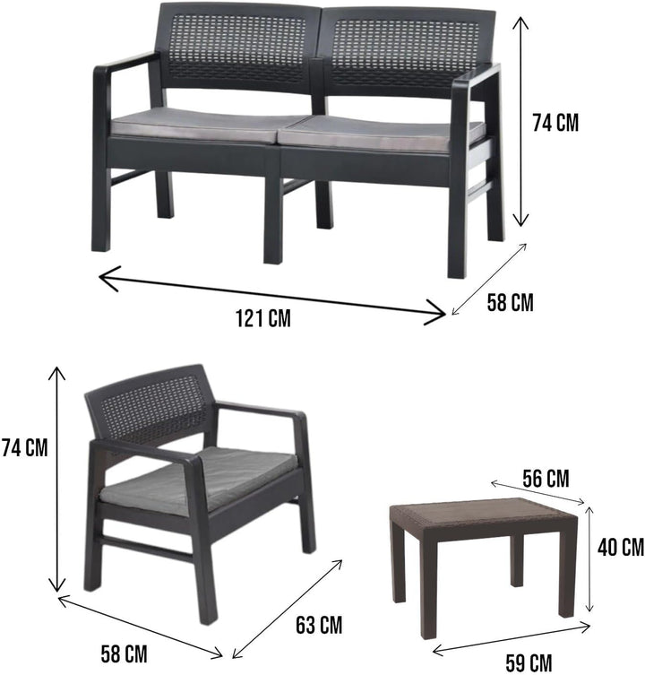 Dmora Innen- und Aussenlounge bestehend aus: 2 Sesseln, 1 Zweisitzer-Sofa und 1 Couchtisch, mit Kiss