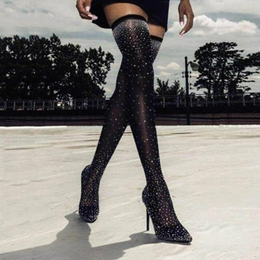 Winterstiefel Damen, Winterstiefel Damen mit Absatz Stilettos Glitzer Strass Overknee Stiefel Langsc
