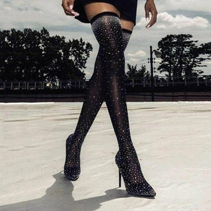 Winterstiefel Damen, Winterstiefel Damen mit Absatz Stilettos Glitzer Strass Overknee Stiefel Langsc