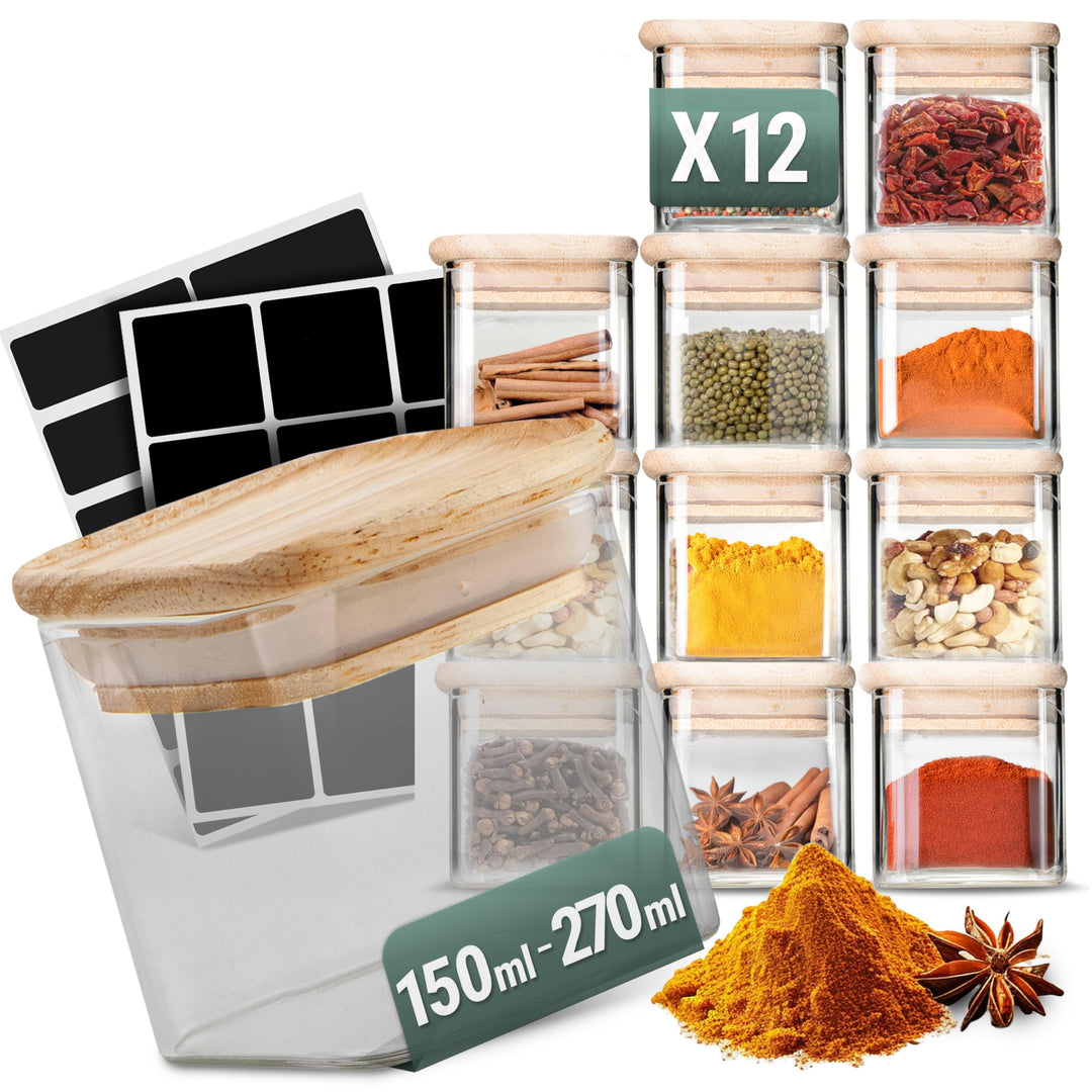 Celeko Home Gewürzgläser Set 210ml Stapelbar Eckig Holzdeckel (12 Stück) Gewürzbehälter Gewürzdosen