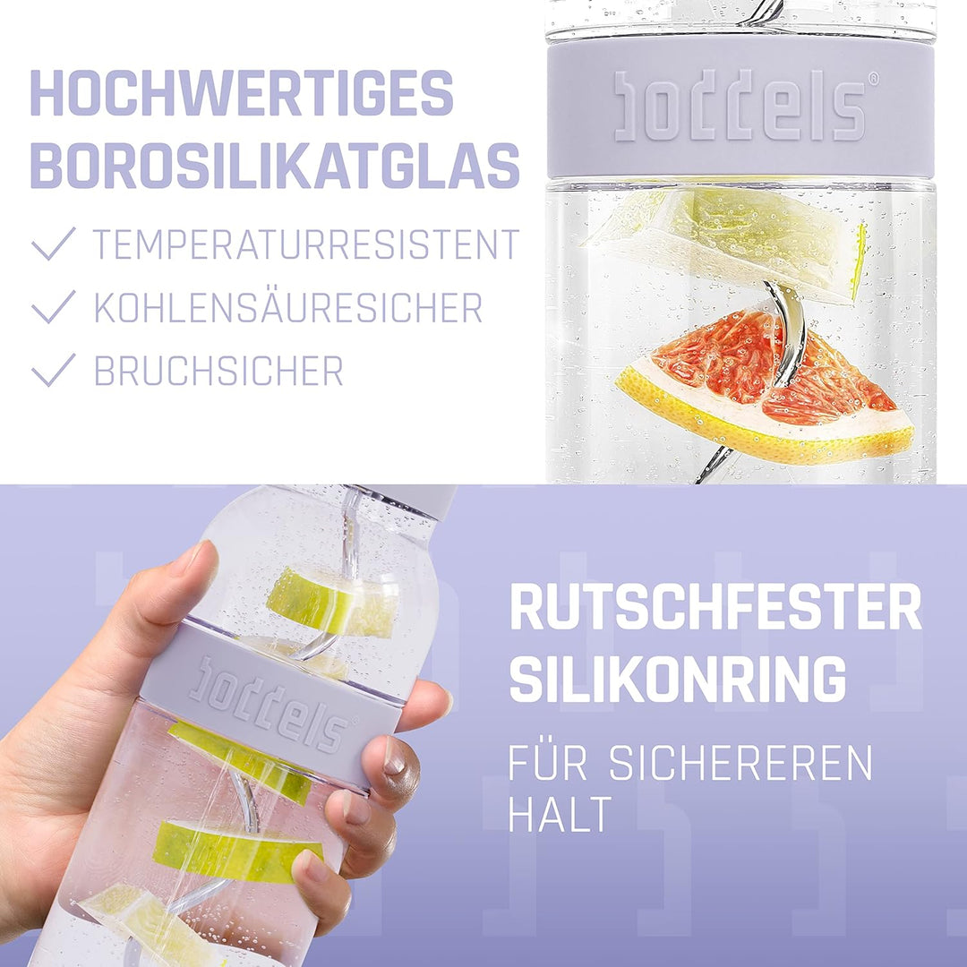 boddels Glaskaraffe mit Deckel und Sieb 1.100ml, Rutschfester Griff, Glaskaraffe mit Fruchteinsatz,