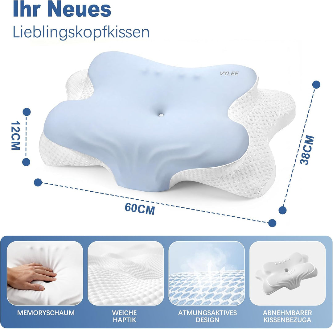 VYLEE Ergonomisches Nackenkissen Memory Foam Kopfkissen für Rücken-, Seiten- und Bauchschläfer, Schl