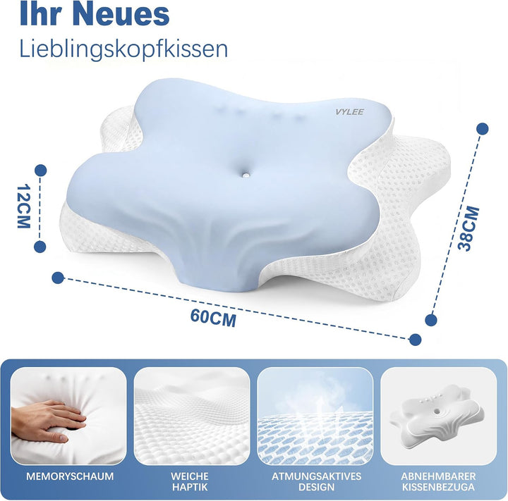 VYLEE Ergonomisches Nackenkissen Memory Foam Kopfkissen für Rücken-, Seiten- und Bauchschläfer, Schl