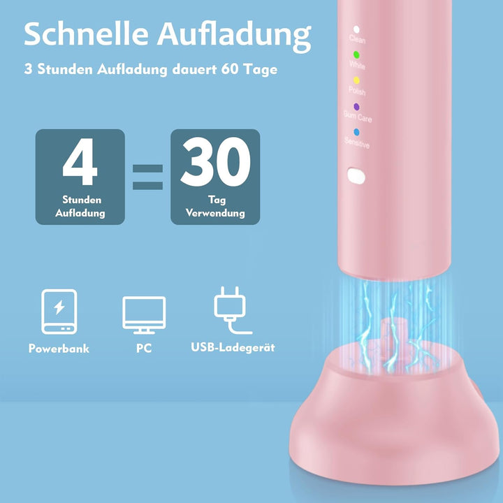 Lächen Elektrische Zahnbürste, 5 Modi Elektrische Schallzahnbürste mit Reise-Etui 4 Aufsteckbürsten,