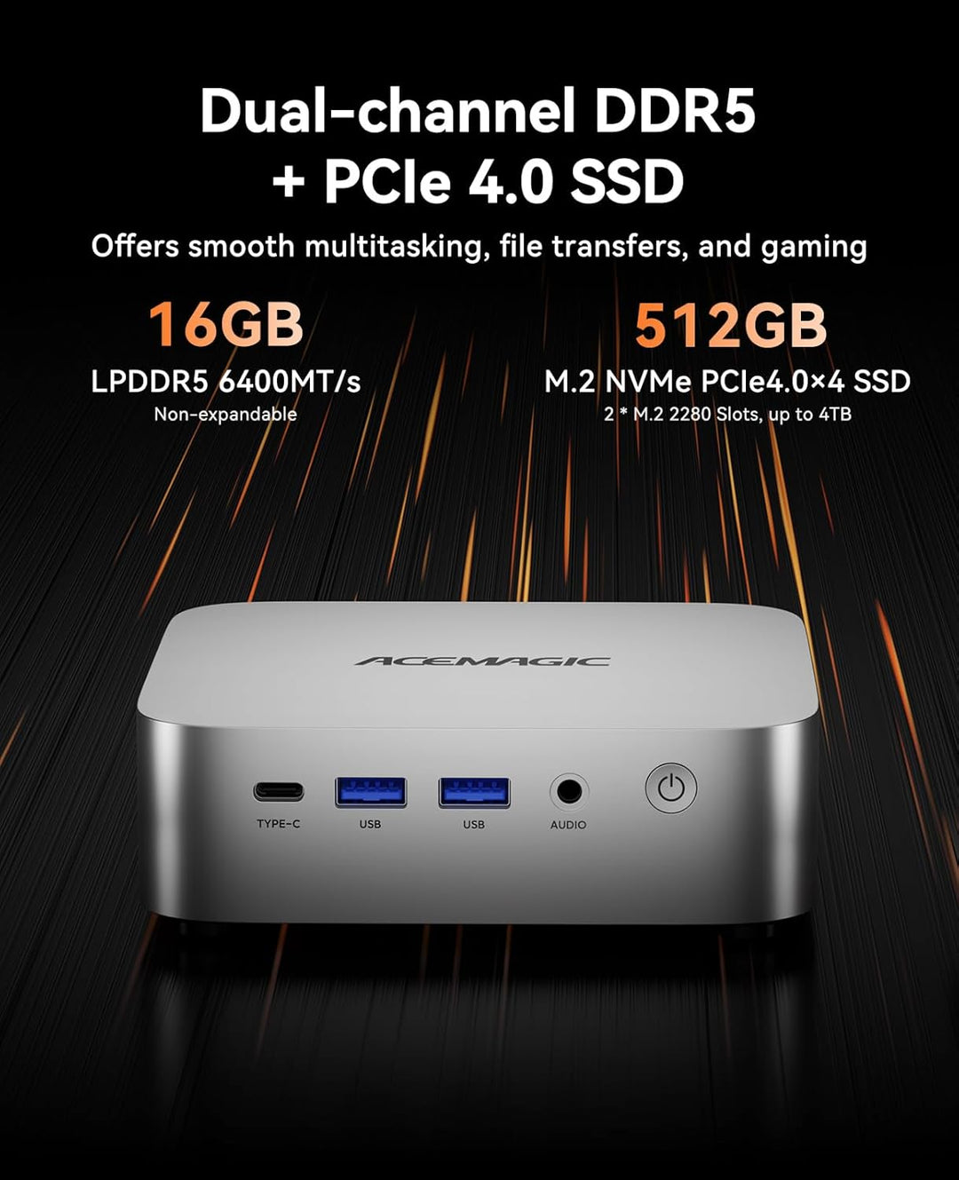 ACEMAGIC W1 Mini PC,AMD Ryzen 7 H255(8C/16T, bis zu 4,9 GHz),16GB LPDDR5 (6400MT/s) 512GB NVMe SSD M