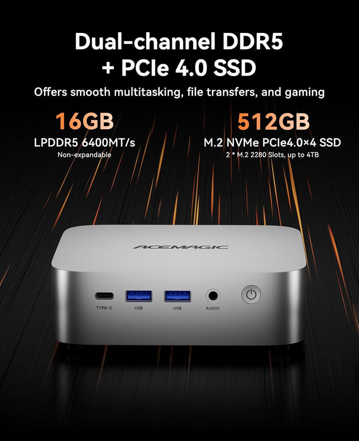 ACEMAGIC W1 Mini PC,AMD Ryzen 7 H255(8C/16T, bis zu 4,9 GHz),16GB LPDDR5 (6400MT/s) 512GB NVMe SSD M