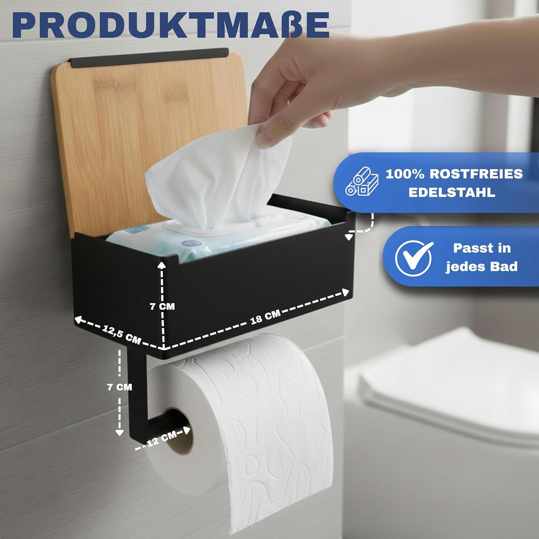 Toilettenpapierhalter mit Feuchttücherbox - Edelstahl & Bambus - Toilettenpapierhalter ohne Bohren -