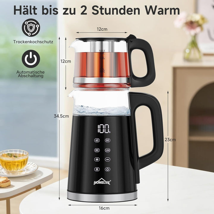 Glas Wasserkocher 1.7L + 1L, 2200W Teekocher Teekannen mit Warmhaltefunktion und Teetrichter, Wasser