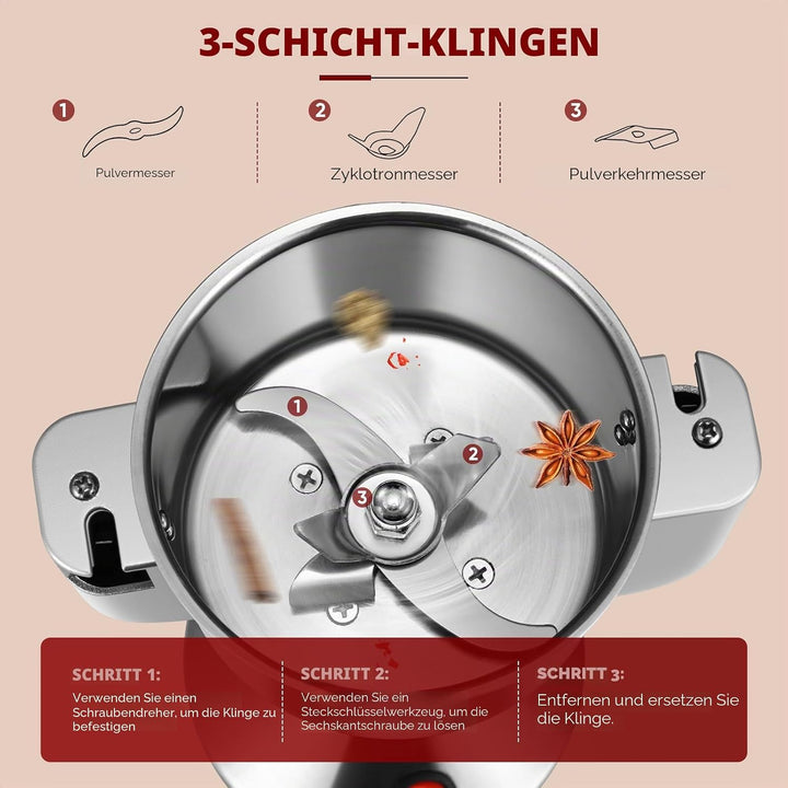 Kotsy Getreidemühle, 150 g, tragbar, 850 W, elektrische Gewürzmühle, 3 Klingen für verschiedene Getr