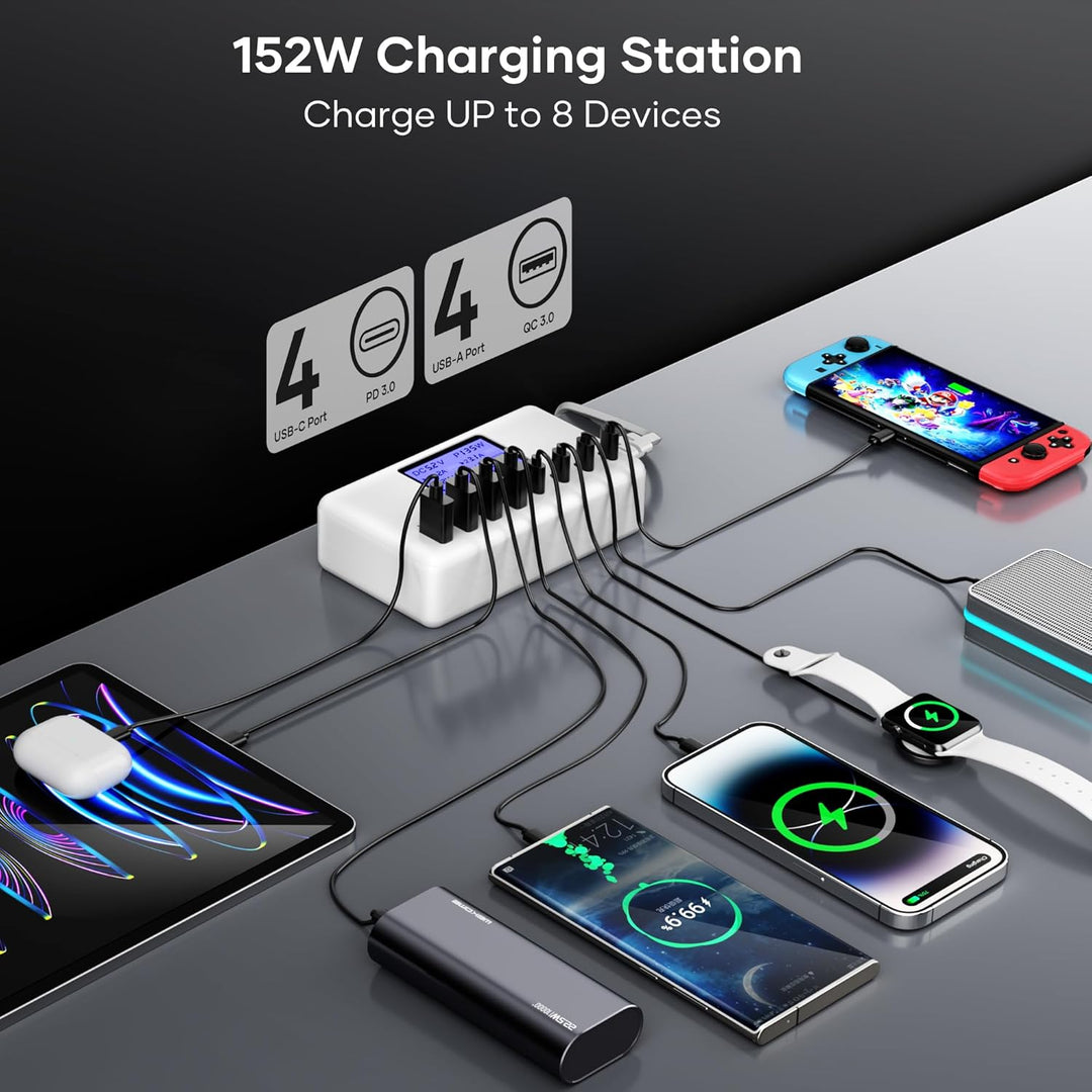 152W Mehrfach Ladegerät Mit LCD Digitalanzeige, 4 USB-A und 4 USB-C Schnellladegerät, Netzteil für i