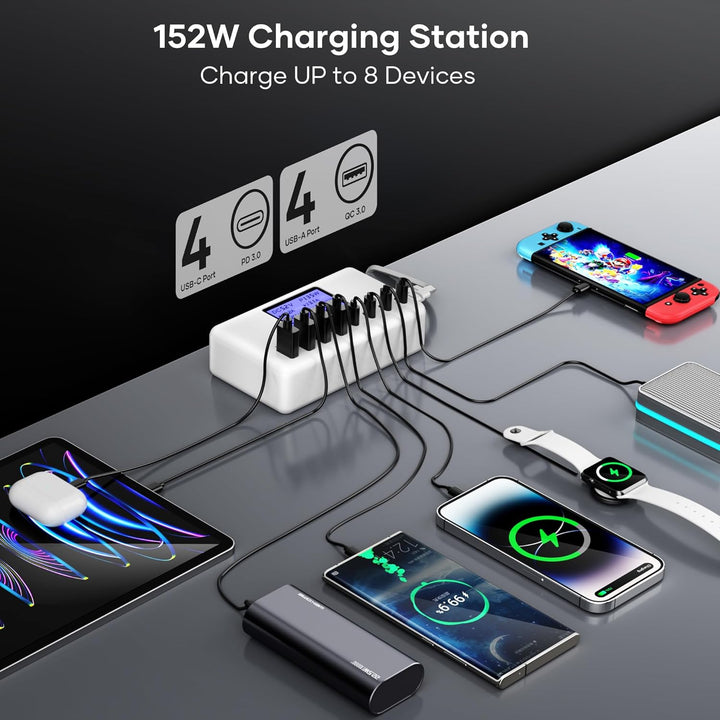 152W Mehrfach Ladegerät Mit LCD Digitalanzeige, 4 USB-A und 4 USB-C Schnellladegerät, Netzteil für i