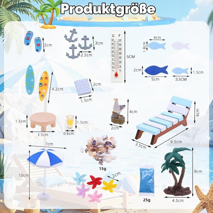 22 Stück Strand Mikrolandschaft, Strand Deko Miniatur Set, Mini Liegestuhl Kleine Tisch Schirm Palme
