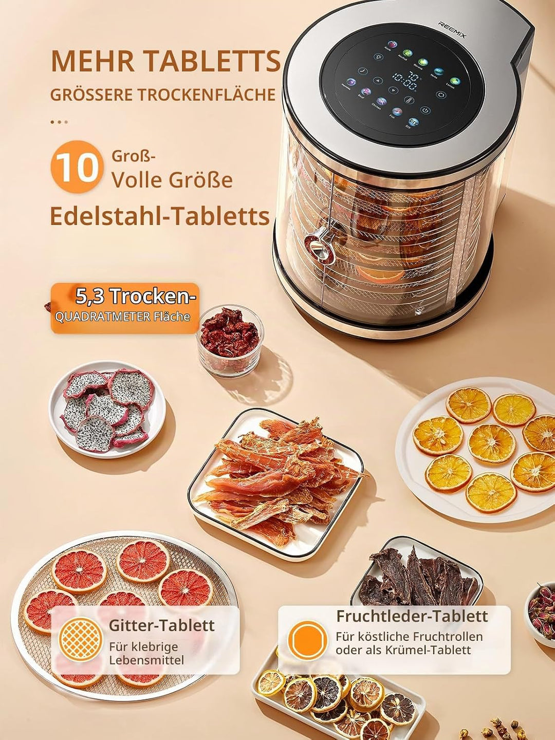 Dörrautomat 10 Etagen Edelstahl mit LCD-Display – Lebensmitteltrockner mit Rotation, 850 W, 35–75 °C