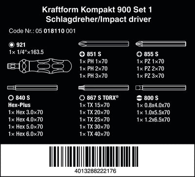 Wera 05018110001 Kraftform Kompakt 900 Set 1, Schlagschraubendreher-Satz, 19-teilig, Schwarz-gelb