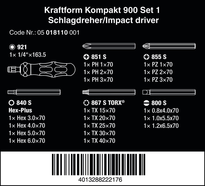 Wera 05018110001 Kraftform Kompakt 900 Set 1, Schlagschraubendreher-Satz, 19-teilig, Schwarz-gelb