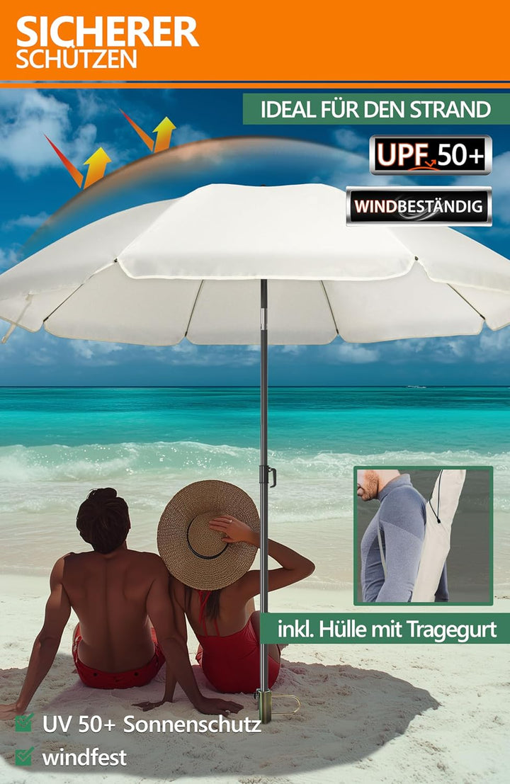 4smile SunnyJoy 3-IN-1 Set mit Sonnenschirm Strand in Beige - Strandschirm windfest stabil 180 cm mi