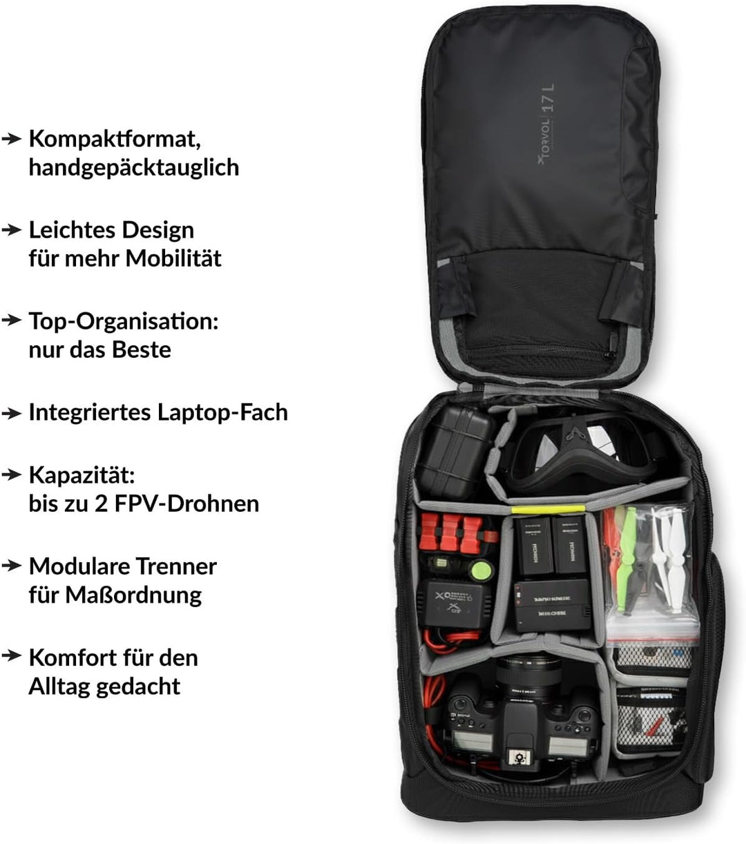 Torvol Pitstop Rucksack, kompakt, FPV, 17 l, für 2 Drohnen, Laptoptasche, modulare Trennwände, leich