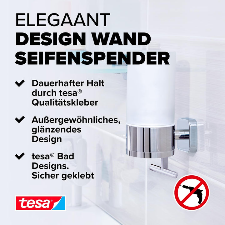 tesa ELEGAANT Seifenspender-Set, Milchglas und verchromtes Metall - Flüssigseifenspender zur Wandbef