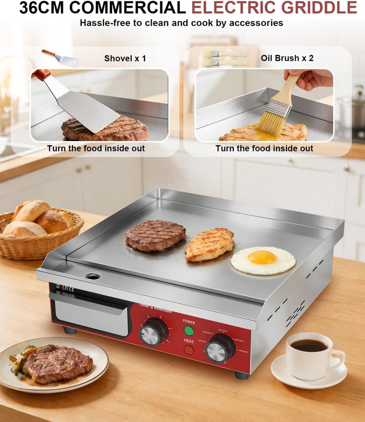 Grillplatte Elektrisch Gastro 36cm,1700W Elektrische Grillplatte Edelstahl mit 5-Minuten-Erinnerungs